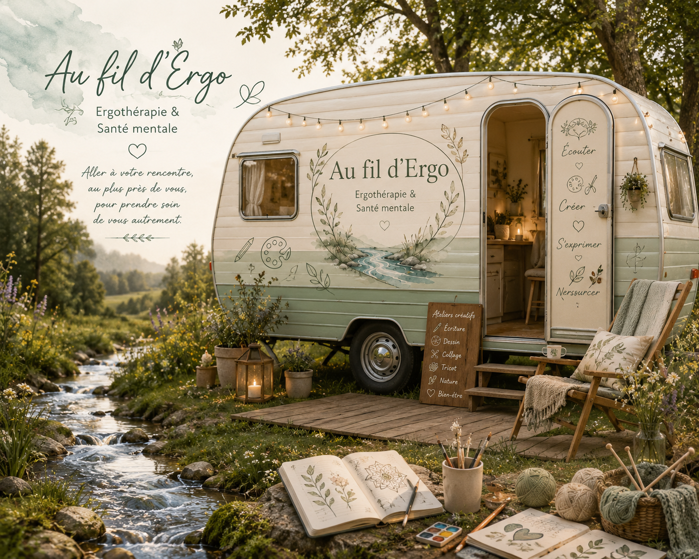 La caravane thérapeutique Au fil d'Ergo installée au bord d'un ruisseau, avec ateliers créatifs