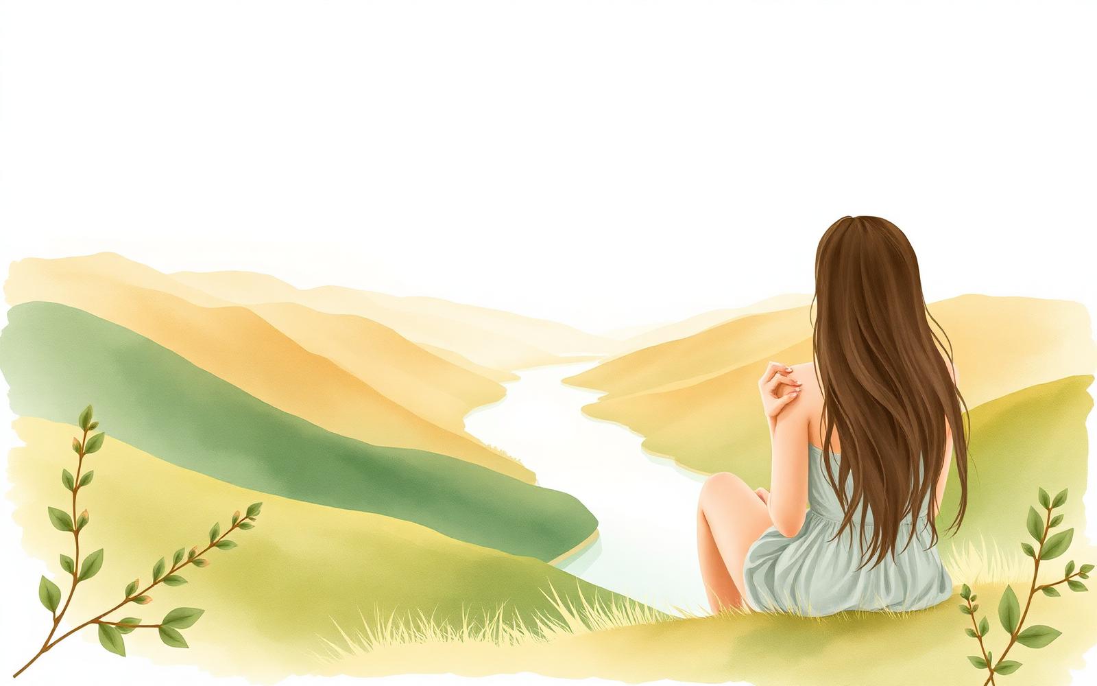 Femme assise contemplant un paysage paisible au coucher du soleil